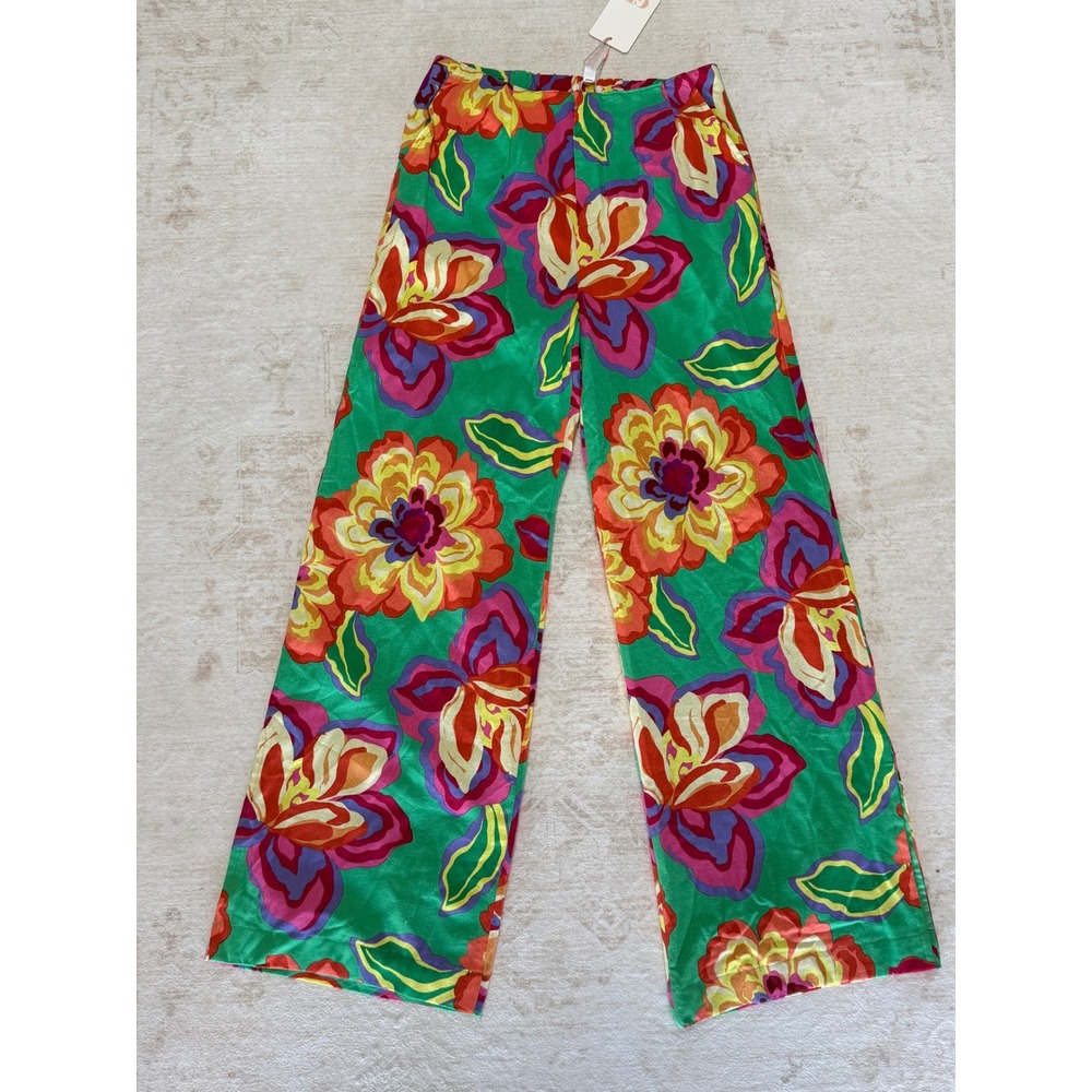GB Floral Wide Leg Pants Green Combo High Waisted Side Zip Pockets Small NWT